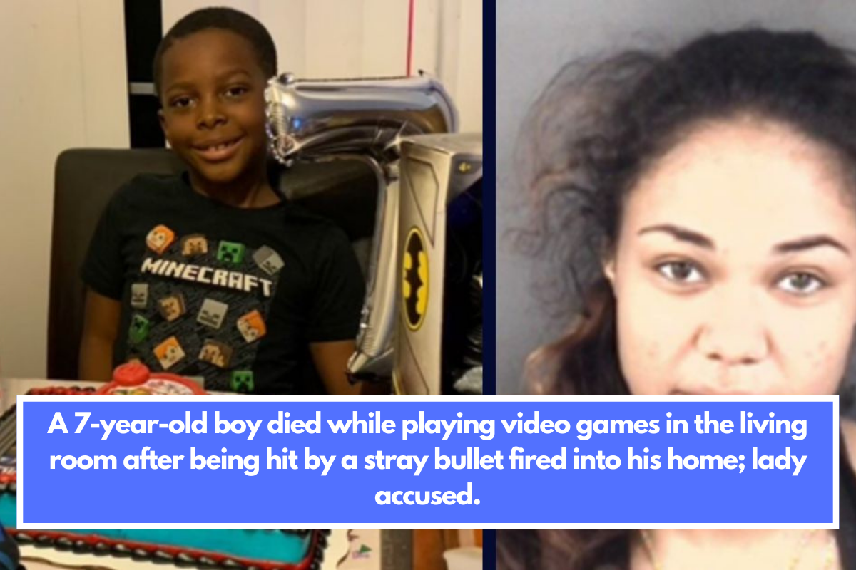 A 7-year-old boy died while playing video games in the living room after being hit by a stray bullet fired into his home; lady accused.