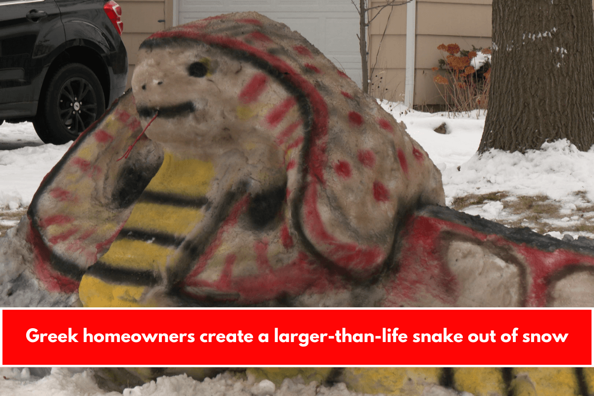 Greek homeowners create a larger-than-life snake out of snow