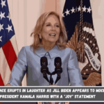 The audience erupts in laughter as Jill Biden appears to mock Vice President Kamala Harris with a Joy statement