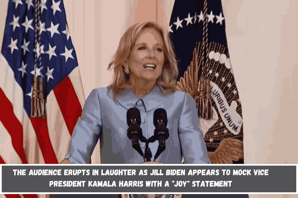 The audience erupts in laughter as Jill Biden appears to mock Vice President Kamala Harris with a Joy statement